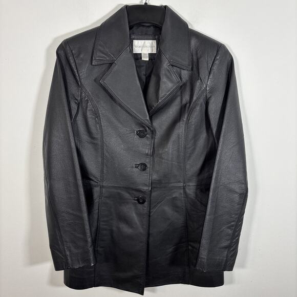 Worthington Womens Small Black Genuine Leather Jacket Button Front Slash Pockets - Picture 1 of 7